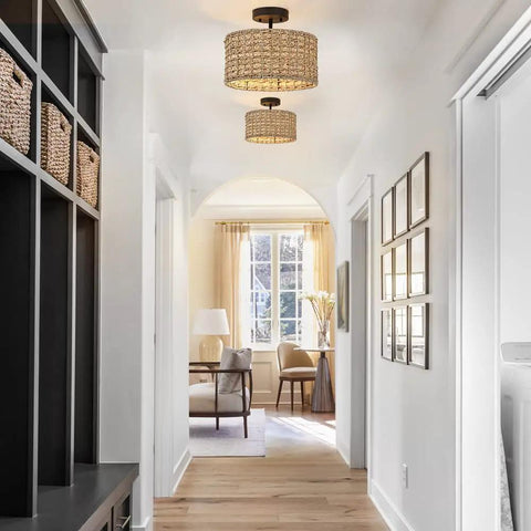 Rattan Semi Flush Mount Ceiling Light With Black Canopy 2 Light 12 Inch Drum Shade Fixture in modern hallway