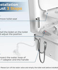 Diagram showing installation steps for 2 In 1 Bidet Attachment With Handheld Sprayer Ultra Slim Design Adjustable Water Pressure Nozzle Cold Water Non Electric Hand Sprayer For Toilet Seat Silver White No Fuss Install.