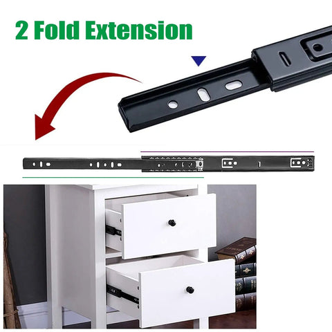 Beefy Heavy Duty Ball Bearing Drawer Slides 30kg Capacity For Kitchen Cabinets And Desks, Silent Metal Runners, Smooth 2 Section Guide Rails For Keyboard Trays, Includes Fixing Screws, black 2-fold extension steel drawer slide for cabinet