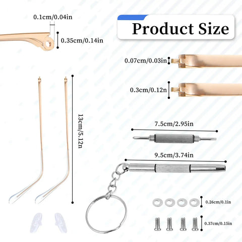 Gold Metal Eyeglass Temple Replacement Arms With Clear Tips Complete Repair Kit Includes Screwdriver And Screws for quick eyeglass repairs.