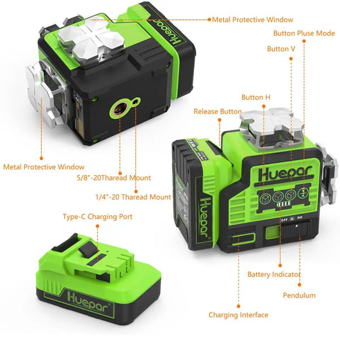 Pro Grade 12V Self Leveling Laser Level With Bluetooth Dual 360 Degree Green Beams High Brightness Cross Line 11 Hour Li Ion Battery Magnetic Bracket P02CG detailed components