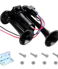 Dead Loud 12V Dual Trumpet Air Horn Kit With Compressor Fits Cars Trucks And Boats Dropping An Insane 120 Decibel Blast For Heavy Duty Warning Calls Keeping Drivers Safe Wherever You Roll Black with included mounting bracket and screws.