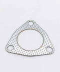 Exhaust gasket, triangular silver metal flange with central bore and three bolt holes