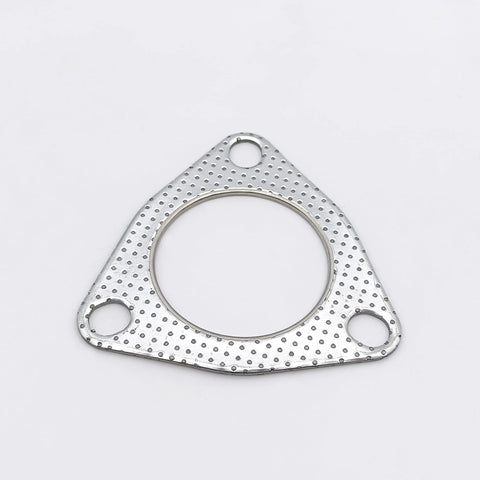 Exhaust gasket, triangular silver metal flange with central bore and three bolt holes
