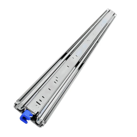 Built Tough Heavy Duty Drawer Slides With A Dead Smooth 3 Fold Guide Rail Crafted From Rust Proof Cold Rolled Steel For Rock Hard 300 Pound Cabinet Builds That Handle Daily Wear Without Skipping A Beat, showing full extension slide with blue locking mechanism.