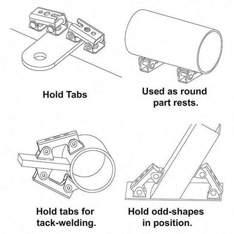 Diagram showing 4 Piece V Type Welding Clamps Set With Adjustable Jig Holder And V Pads For Welding And Soldering Magnetic Base Fixture