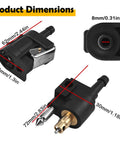 Three Piece 8mm Fuel Line Connector Set dimensions for Yamaha Outboard Motors showing female and male fittings