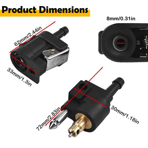 Three Piece 8mm Fuel Line Connector Set dimensions for Yamaha Outboard Motors showing female and male fittings