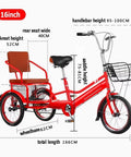 Dual Seat Tandem Pedal Tricycle For Kids And Grownups With Rear Passenger Seat And Double Brakes, 16 inch red model with dimensions