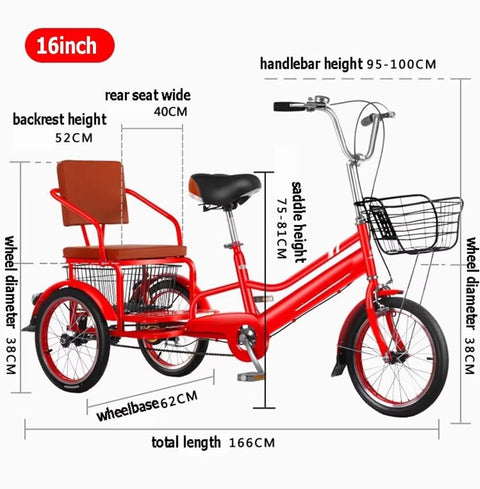 Dual Seat Tandem Pedal Tricycle For Kids And Grownups With Rear Passenger Seat And Double Brakes, 16 inch red model with dimensions
