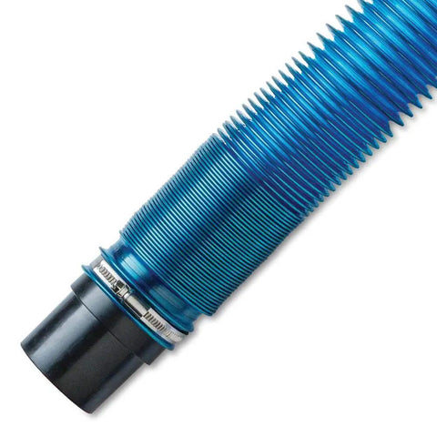 Close-up of Super Stretch 2.5 Inch Expandable Shop Vac Hose Kit for Quick Cleanups, Flexible Blue Vacuum Hose with clamp and swivel fittings