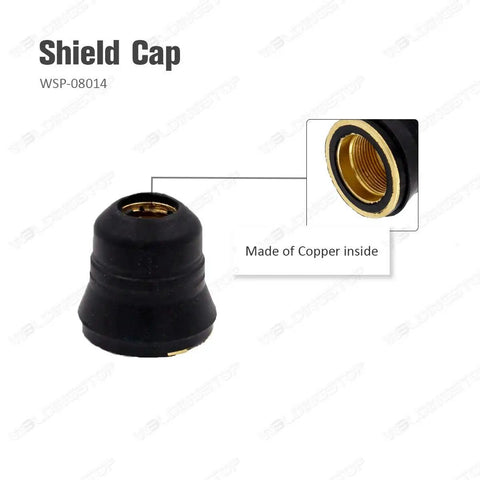 Shield cap for Electrode Tip Standoff For 62204 Plasma Cutter Torch Kit, copper interior, black exterior, close-up view