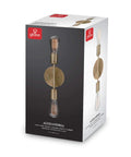 Product box of Two Light Matte Brass Vanity Light With Open Sockets Reversible Mount For Horizontal Or Vertical Install