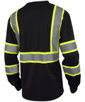 Back view of Hi Vis Class 3 Long Sleeve Shirt in Black with Reflective Stripes, Moisture Wicking Polyester, Chest Pocket visible
