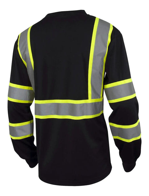 Back view of Hi Vis Class 3 Long Sleeve Shirt in Black with Reflective Stripes, Moisture Wicking Polyester, Chest Pocket visible