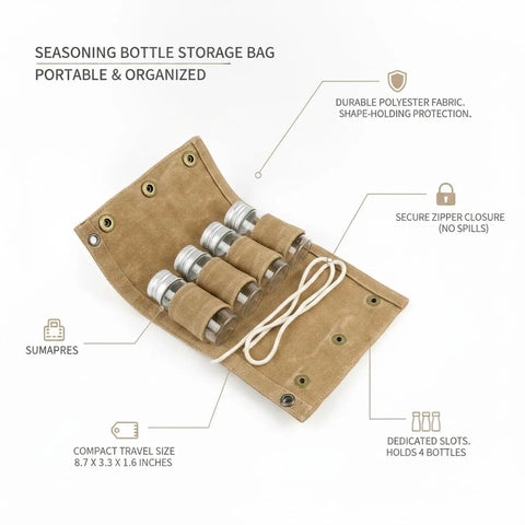 Seasoning Bottle Storage Bag Portable Spice Organizer Pouch with Zipper for Camping and RV Travel, tan polyester, holds glass jars.