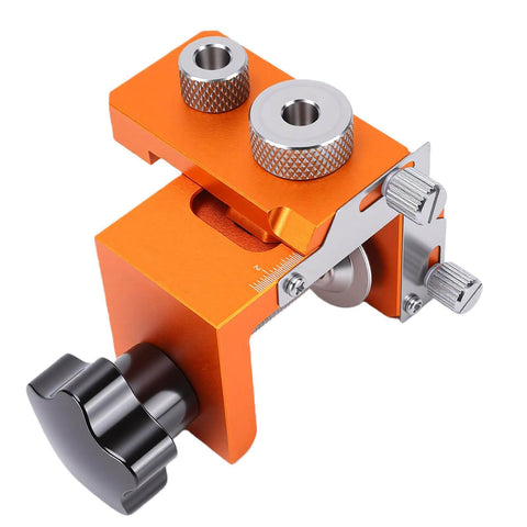 Double Hole Punch Locator And Adjustable Drill Positioning Jig With 12mm Eccentric Nut For Precise Woodworking And Furniture Assembly, Solid Aluminum Alloy Build, Easy To Use, Workshop Ready Clamp, Range 15 To 25mm And Rod Length 20 To 33mm For Any, shown in orange aluminum with adjustable knobs and clamps.