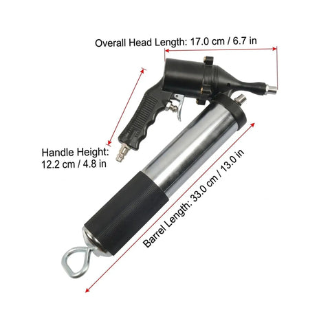 Heavy-Duty 6000 PSI Pneumatic Grease Gun With 18-Inch High-Pressure Hose featuring aluminum body and quick-connect fittings