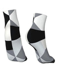 Black And White Checkerboard Straight Tube Socks Crafted From Buttery Soft Polyester For Elite Breathability And Quick Dry Comfort A Dead Set Classic For The Daily Grind Or Weekend Chill Sessions, angled view showcasing the pattern.