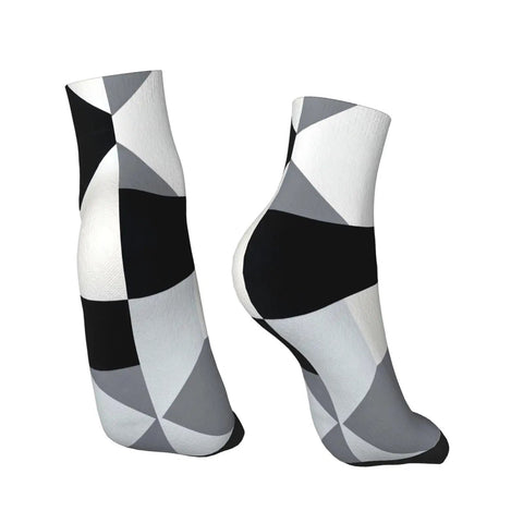 Black And White Checkerboard Straight Tube Socks Crafted From Buttery Soft Polyester For Elite Breathability And Quick Dry Comfort A Dead Set Classic For The Daily Grind Or Weekend Chill Sessions, angled view showcasing the pattern.