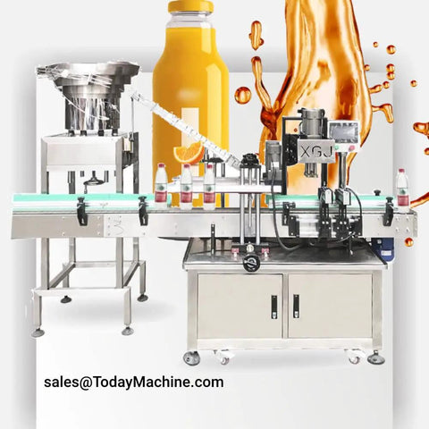 Automatic Twist Off Capper Machine For Plastic Bottles With Integrated Cap Feeder. This Versatile Screw Capping Device Handles Snap Crimp And Cork Caps With Ease. Reliable Industrial Packaging Solution For High Volume Production Lines And Small Business