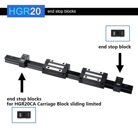 Two 800mm HGR20 Linear Rails Kit With Four HGH20CA Carriage Blocks And Four End Stops For DIY CNC Routers And Molding Machines Beefed Up For Smooth Low Noise Steel Alloy Guide Rail System For Precise Rugged Motion. HGR20 end stop block