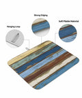 Blue Yellow Brown Wood Grain Dish Drying Mat For Kitchen Counter Absorbent Microfiber Quick Drying Machine Washable 16 By 18 Inches Abstract Art For Countertop with detailed view of hanging loop, strong edging, and soft pliable material.