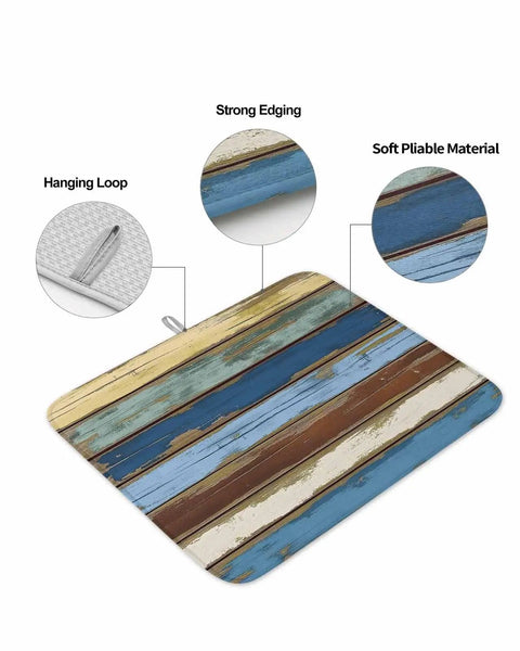 Blue Yellow Brown Wood Grain Dish Drying Mat For Kitchen Counter Absorbent Microfiber Quick Drying Machine Washable 16 By 18 Inches Abstract Art For Countertop with detailed view of hanging loop, strong edging, and soft pliable material.