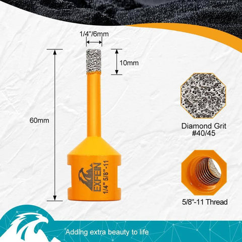 EXFEIN orange diamond core drill bit for tile, 60mm length with 5/8-11 thread