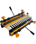 Precision Dovetail Router Jig Built Tough Aluminum Template For Smooth Sailing In Drawer And Cabinet Joinery Professional Woodworker Alignment Tool Accommodates Up To Twelve Inches, showing close-up of aluminum jig with adjustment knobs.