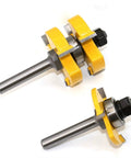 8mm Shank Router Bit Set For Tongue Groove Joinery 3 Flute Tenon Cutters showing two router bits with yellow and metal design.
