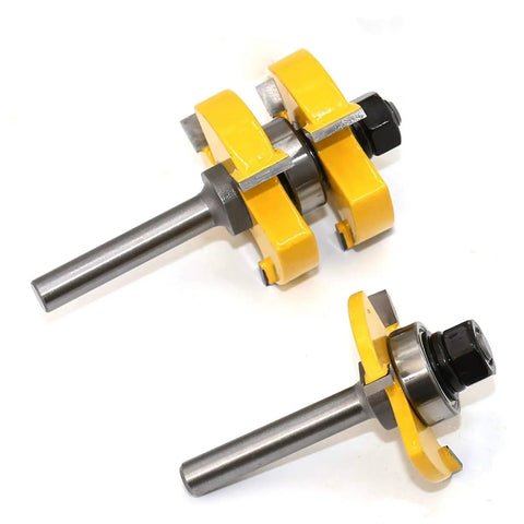 8mm Shank Router Bit Set For Tongue Groove Joinery 3 Flute Tenon Cutters showing two router bits with yellow and metal design.