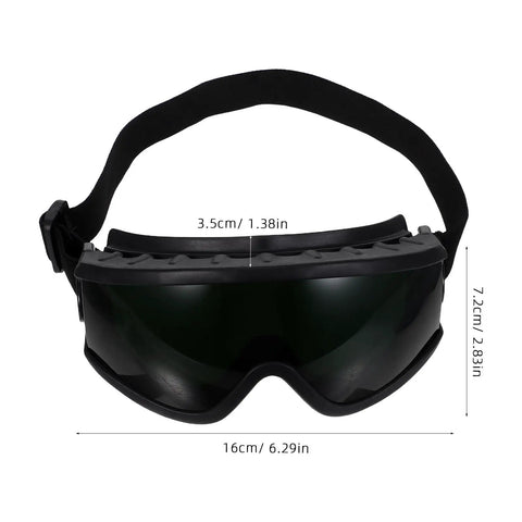 Heavy Duty Welding Goggles With Wide Dark Lens Shade And Adjustable Strap Multipurpose Safety Eyewear For Brazing Torch Cutting front view with size details