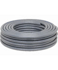 Flexible Liquidtight Metallic Conduit Three Quarter Inch By Hundred Foot Coil With Sunlight Resistant PVC Coating Continuous Interlocked Strip UL Listed Industrial Grade Protection For Conveyors Blowers Cranes Air Conditioners Machine Tooling