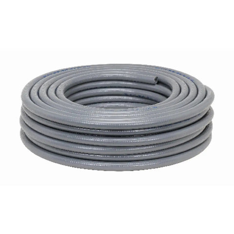 Flexible Liquidtight Metallic Conduit Three Quarter Inch By Hundred Foot Coil With Sunlight Resistant PVC Coating Continuous Interlocked Strip UL Listed Industrial Grade Protection For Conveyors Blowers Cranes Air Conditioners Machine Tooling