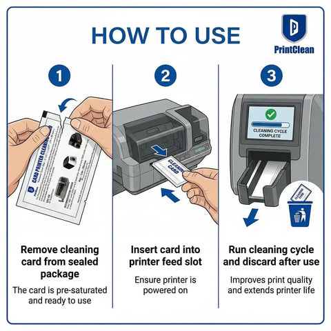 How to use the Premium CR80 Cleaning Pack: removing cleaning card, inserting into printer, and running cleaning cycle.