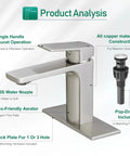Brass Bathroom Faucet In Brushed Nickel Finish, No-Fuss Single Handle, 1 Or 3 Hole Install, Pop Up Drain, eco-friendly aerator.