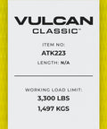 Label on Complete Axle Strap Tie Down Kit With Wire Hook Ratchet Straps In Classic Yellow showing item no. ATK223, 3300 lbs capacity.