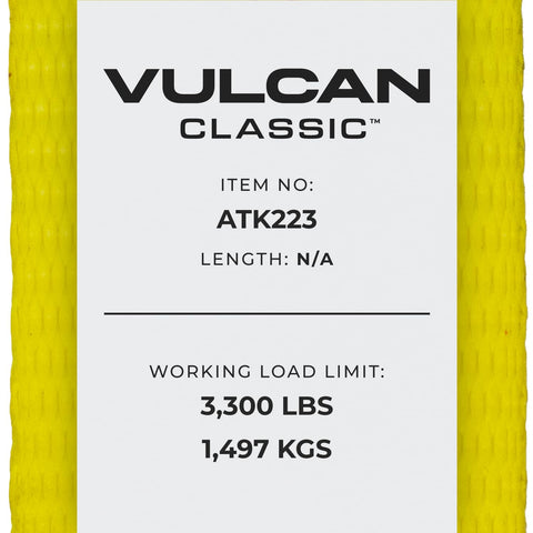 Label on Complete Axle Strap Tie Down Kit With Wire Hook Ratchet Straps In Classic Yellow showing item no. ATK223, 3300 lbs capacity.