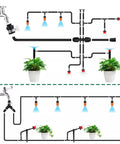Automatic Drip Irrigation Kit For Garden With 5 Sprayers And Quarter Inch And Half Inch Tubing setup diagram