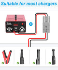 Beleeb battery charger with connections for most chargers, showing red and black wiring and compatible connectors.