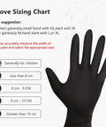 Black nitrile disposable glove on a hand next to an XS-XL glove sizing chart.