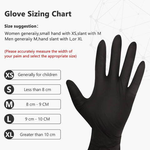 Black nitrile disposable glove on a hand next to an XS-XL glove sizing chart.