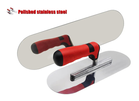 Close-up of Must Have Stainless Steel Concrete Trowel Set 2 Piece, showing polished surface and red handle.