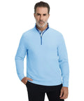 Model wearing Men's Quarter Zip Golf Pullover With Moisture Wicking Tech, Lightweight Four Way Stretch Midlayer, Light Blue.