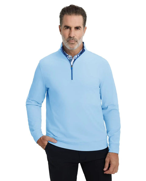 Model wearing Men's Quarter Zip Golf Pullover With Moisture Wicking Tech, Lightweight Four Way Stretch Midlayer, Light Blue.