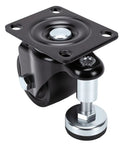 Three Inch Heavy Duty Leveling Casters Featuring Adjustable Steel Plate Feet, black swivel caster with locking nut for stability.