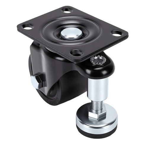Three Inch Heavy Duty Leveling Casters Featuring Adjustable Steel Plate Feet, black swivel caster with locking nut for stability.