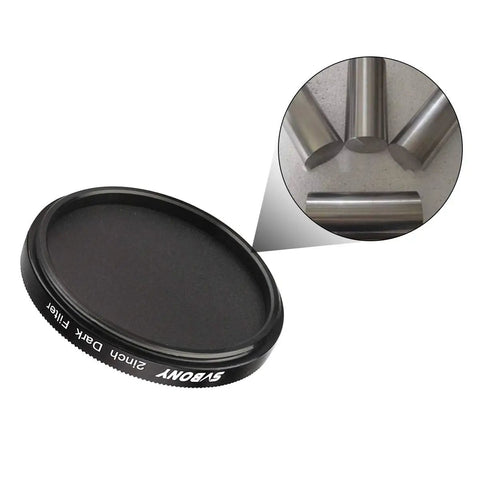 2-inch dark frame imaging filter for astrophotography showing detailed lens and metal components to block sensor light and reduce noise.