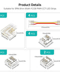 Hassle Free 3 Pin 8mm Cob Cct Led Connector Kit Featuring Dual End Wire And L Shaped Connectors with various sizes and styles.